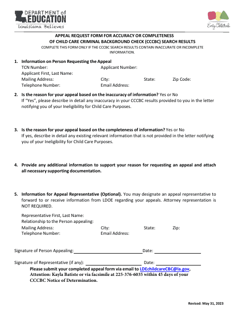 Ppeal Request Form for Accuracy or Completeness of Child Care Criminal Background Check (Cccbc) Search Results - Louisiana Download Pdf