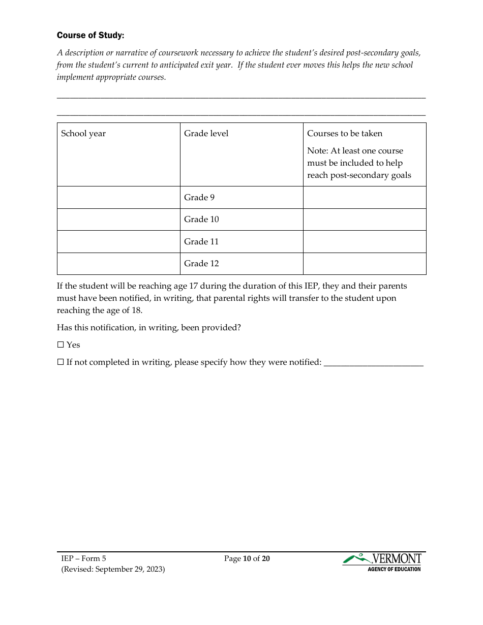Form 5 Individualized Education Program (Iep) - Vermont, Page 10
