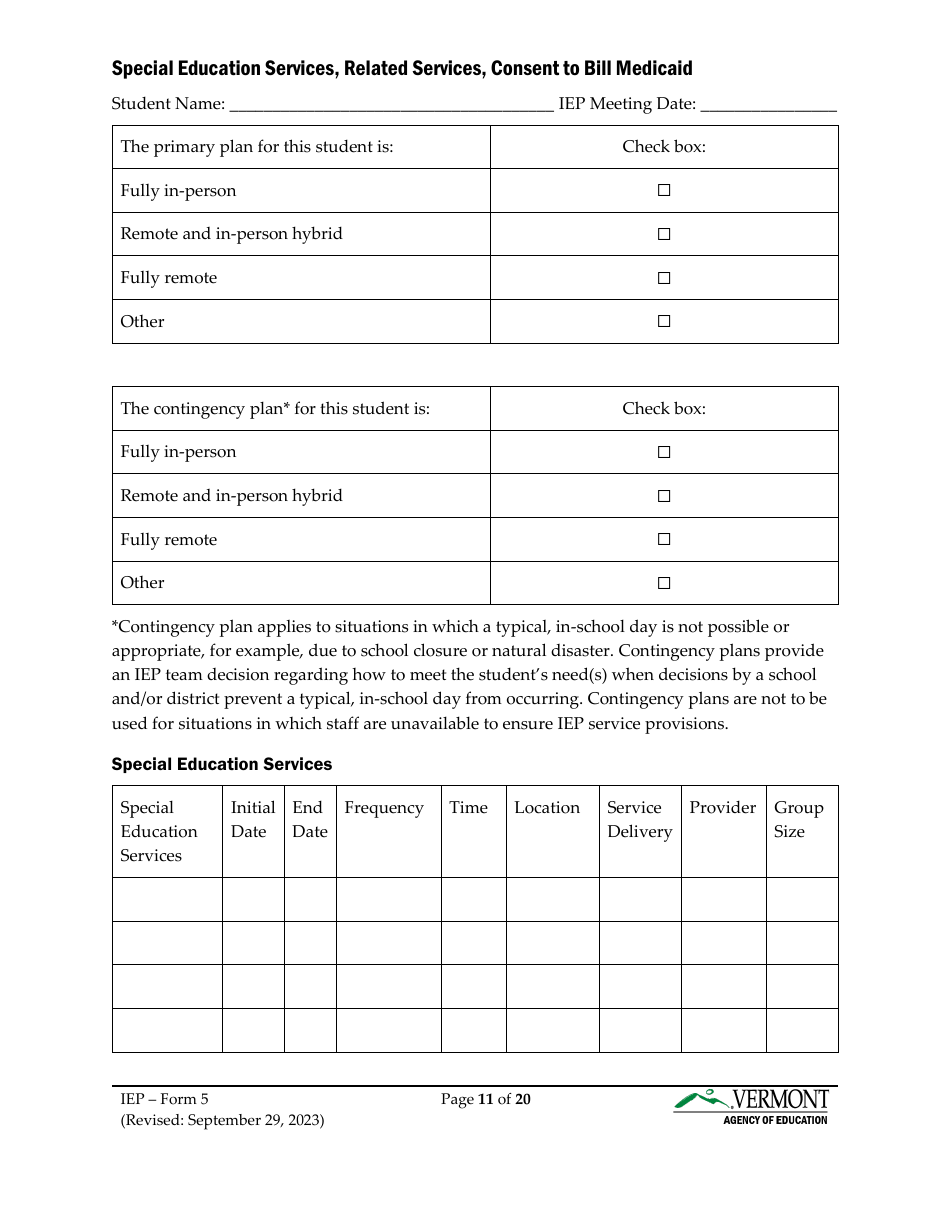 Form 5 Individualized Education Program (Iep) - Vermont, Page 11