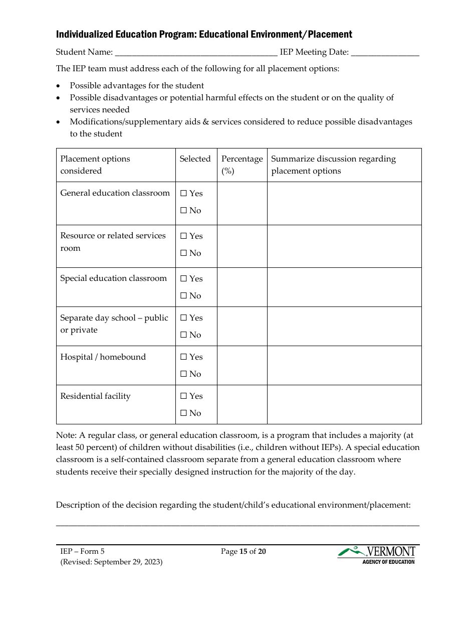Form 5 Individualized Education Program (Iep) - Vermont, Page 15