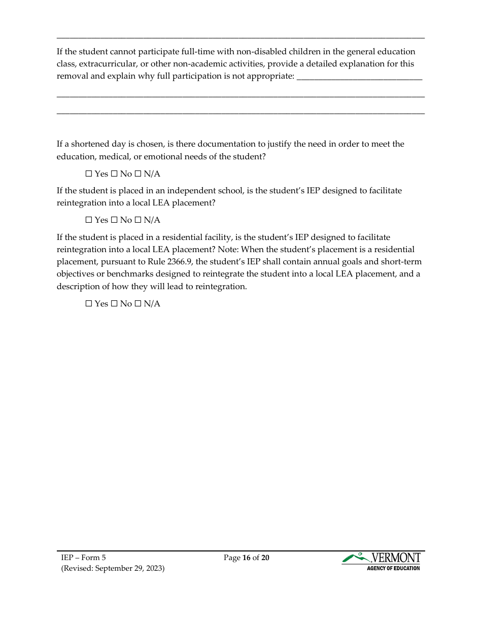 Form 5 Individualized Education Program (Iep) - Vermont, Page 16