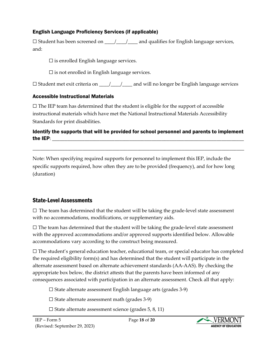 Form 5 Individualized Education Program (Iep) - Vermont, Page 18
