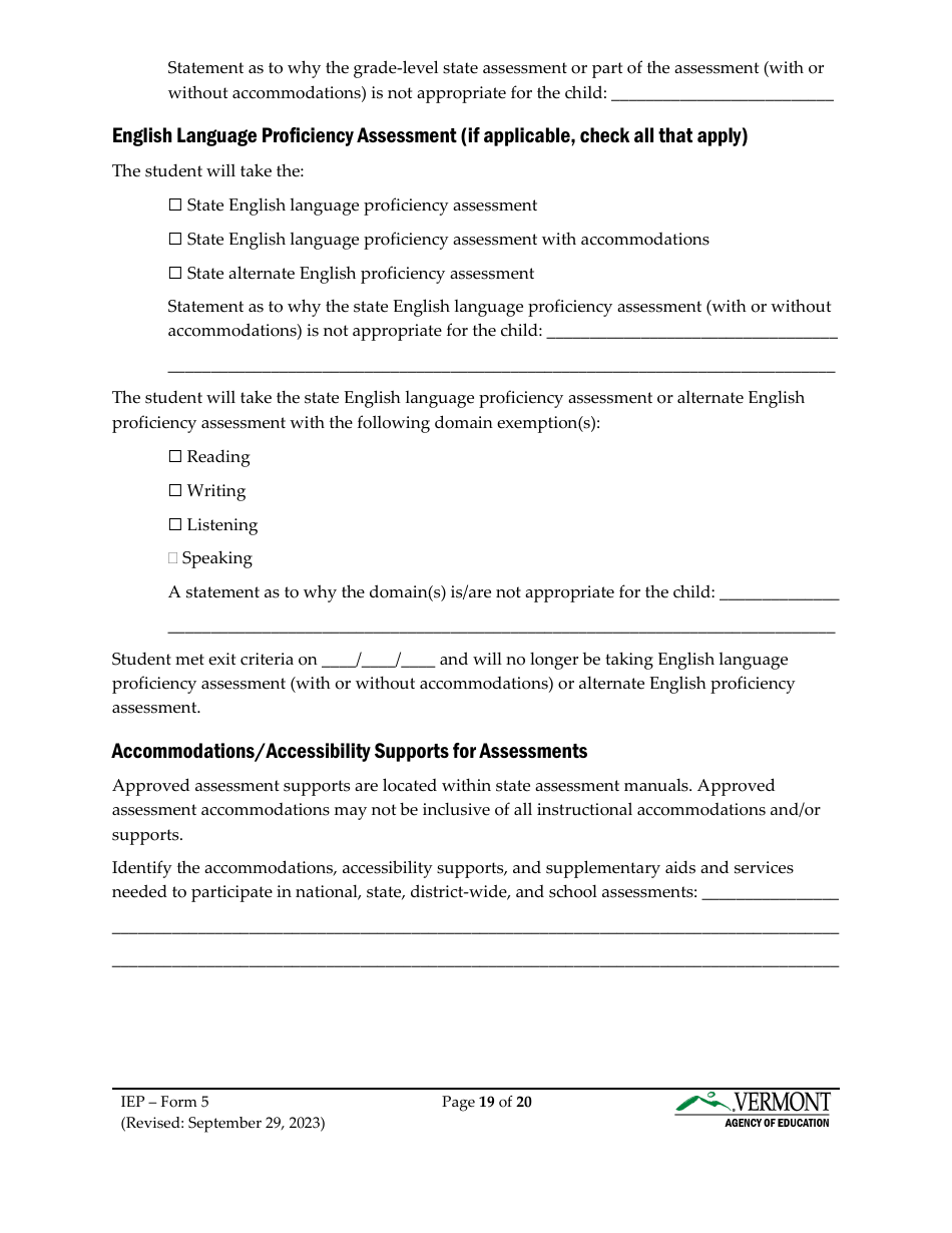 Form 5 Individualized Education Program (Iep) - Vermont, Page 19