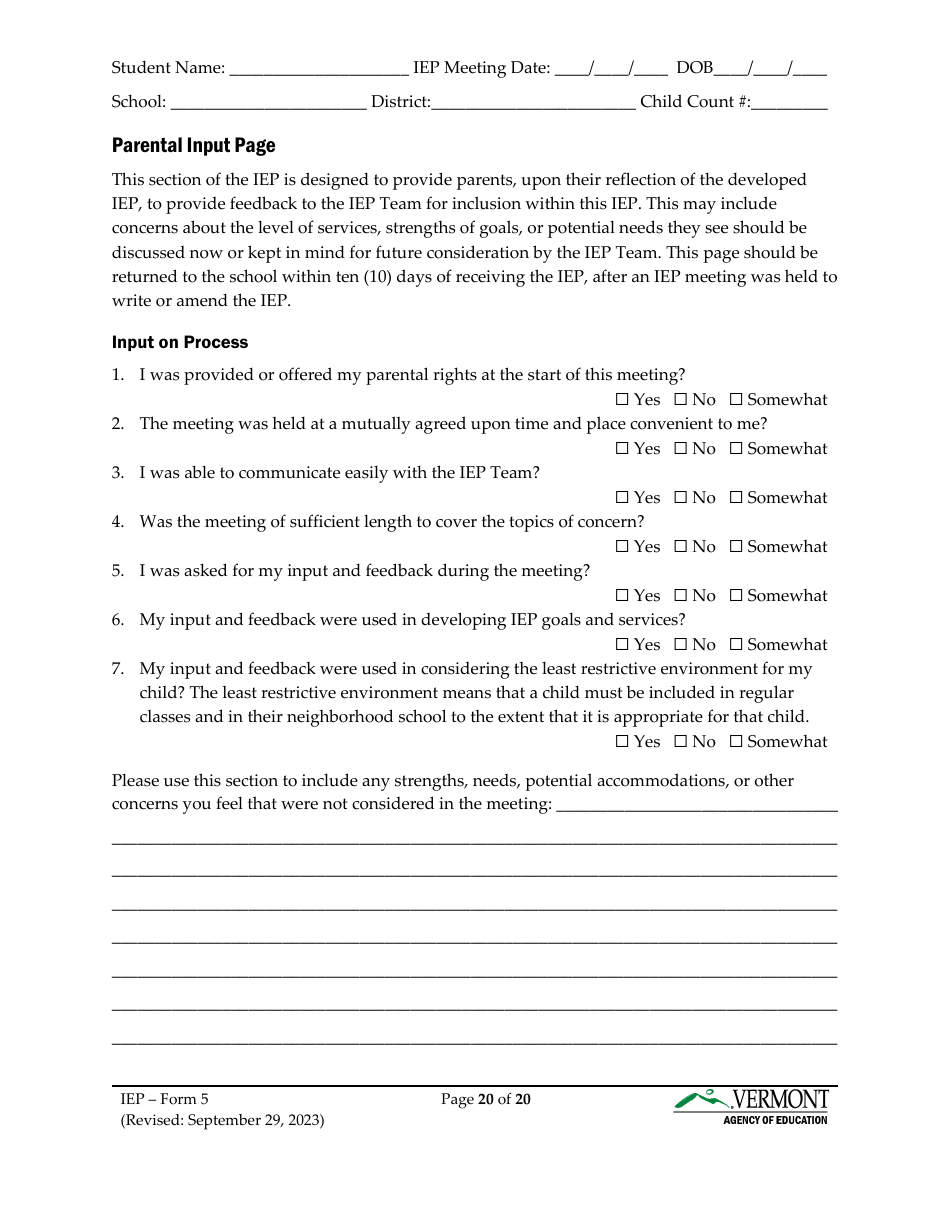 Form 5 Individualized Education Program (Iep) - Vermont, Page 20