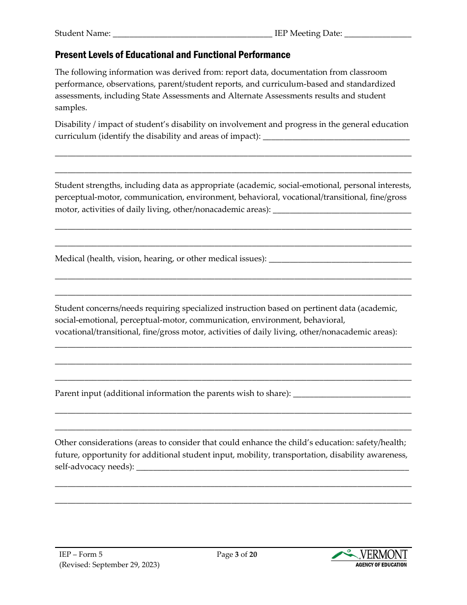 Form 5 Individualized Education Program (Iep) - Vermont, Page 3