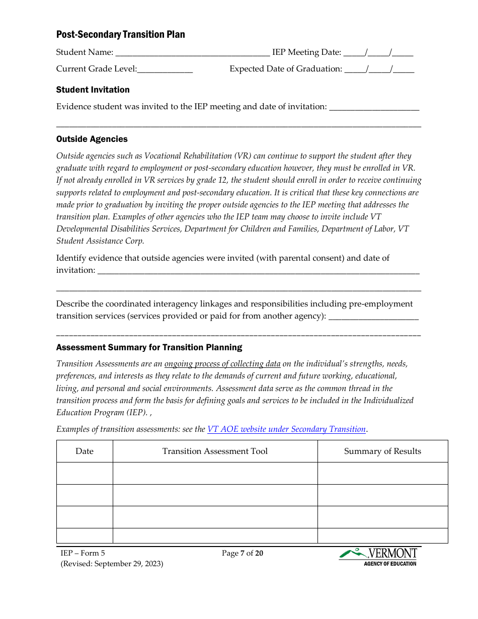 Form 5 Individualized Education Program (Iep) - Vermont, Page 7