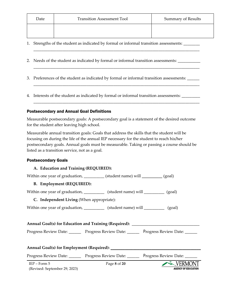 Form 5 Individualized Education Program (Iep) - Vermont, Page 8
