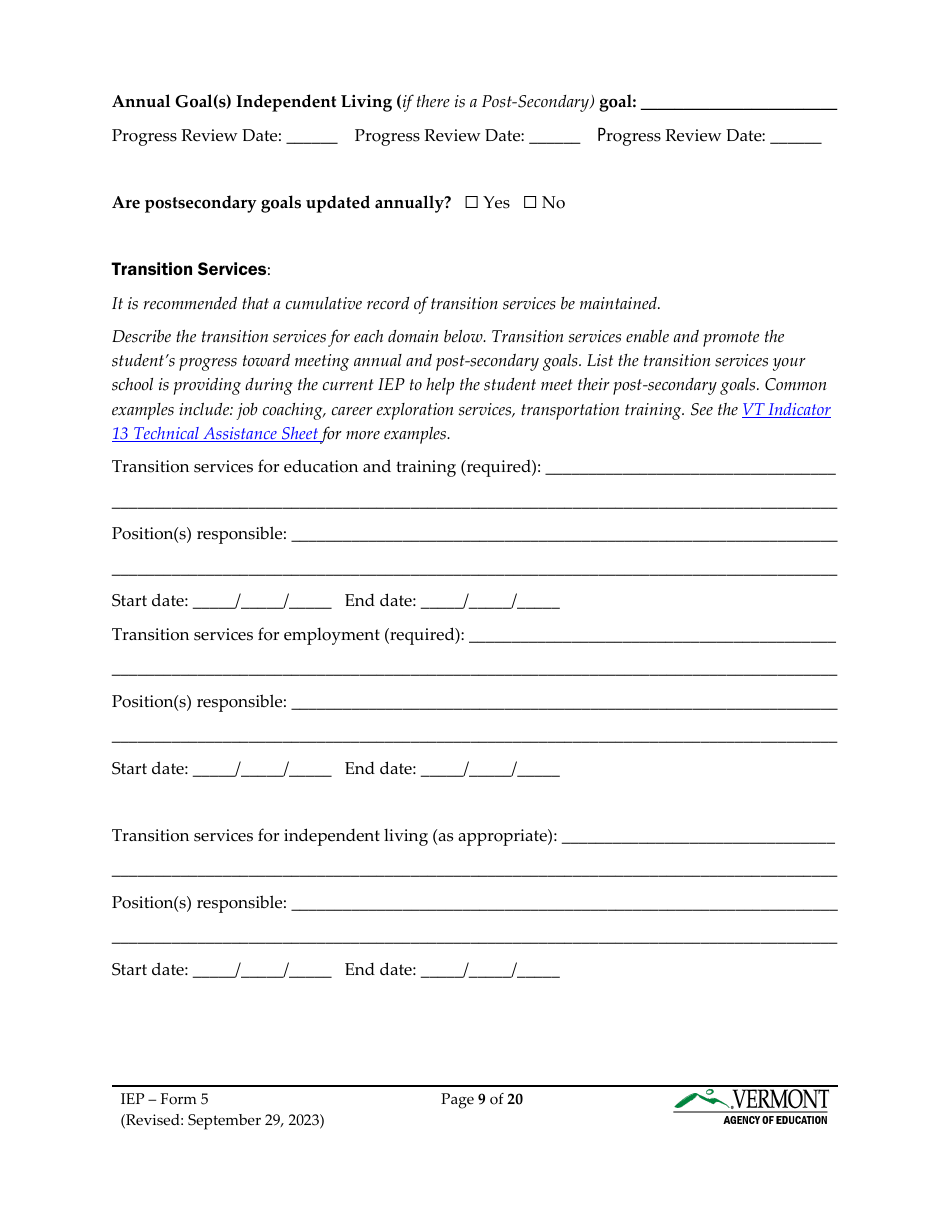 Form 5 Individualized Education Program (Iep) - Vermont, Page 9