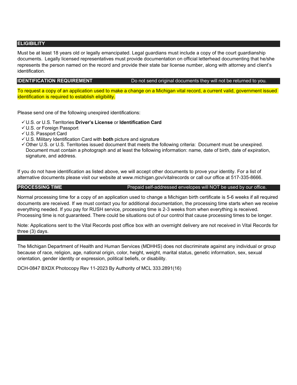 Form DCH-0847 BXDX PHOTOCOPY Equest for a Photocopy of a Previously Submitted Application to Correct or Change a Michigan Vital Record - Michigan, Page 2