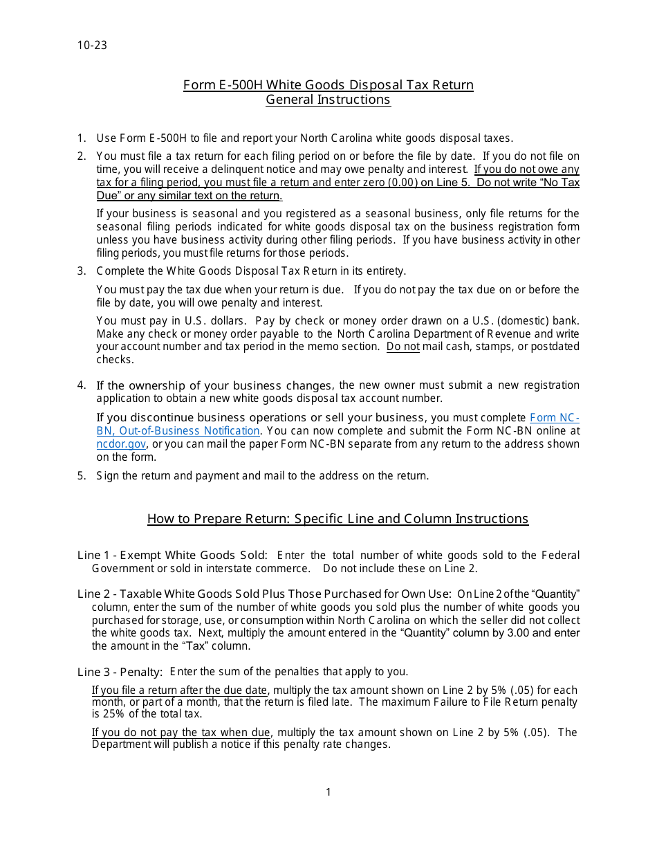 Instructions for Form E-500H White Goods Disposal Tax Return - North Carolina, Page 1