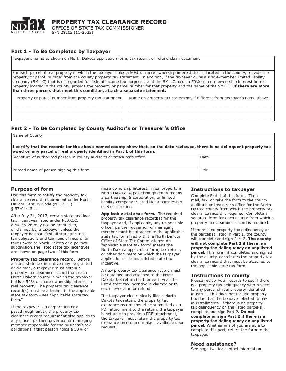 Form SFN28202 Property Tax Clearance Record - North Dakota, Page 1