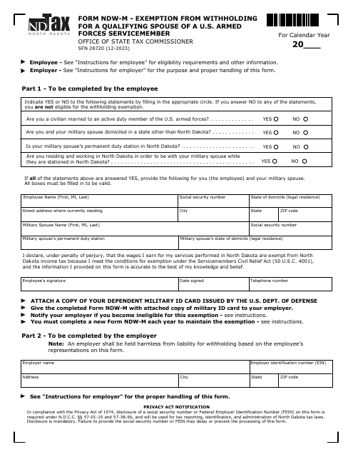 Form NDW-M (SFN28720) Exemption From Withholding for a Qualifying Spouse of a U.S. Armed Forces Servicemember - North Dakota