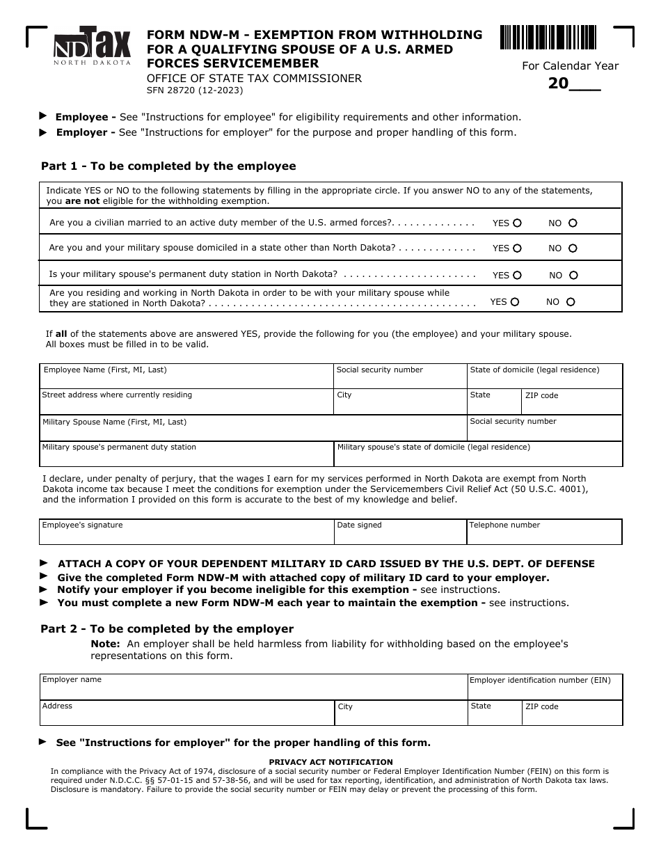 Form NDW-M (SFN28720) Exemption From Withholding for a Qualifying Spouse of a U.S. Armed Forces Servicemember - North Dakota, Page 1