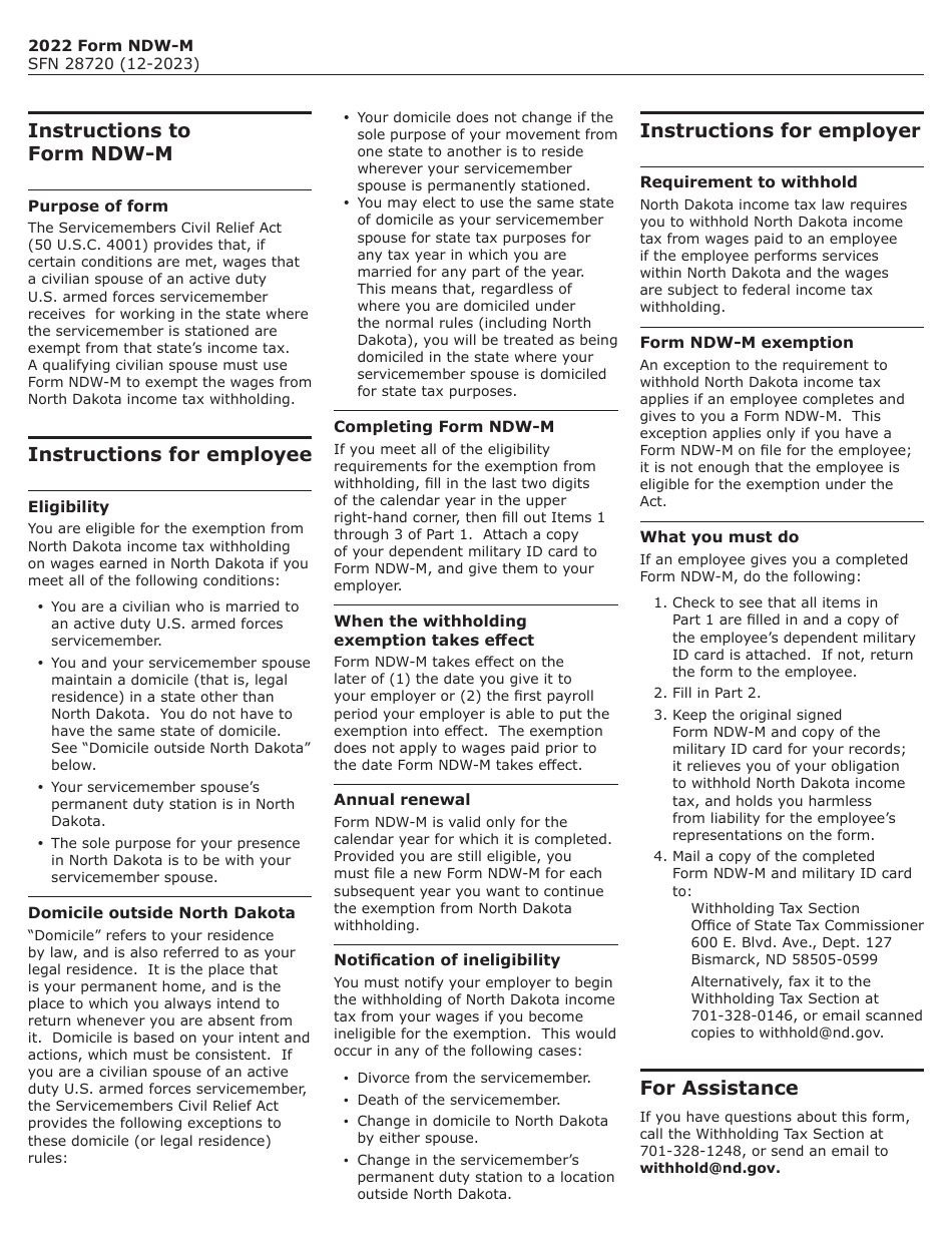 Form NDW-M (SFN28720) Exemption From Withholding for a Qualifying Spouse of a U.S. Armed Forces Servicemember - North Dakota, Page 2