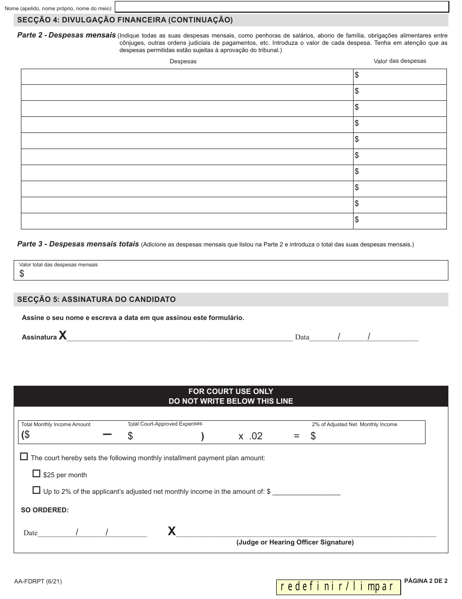 Form AA-FDRPT Financial Disclosure Report for Payment Plans - New York (Portuguese), Page 2