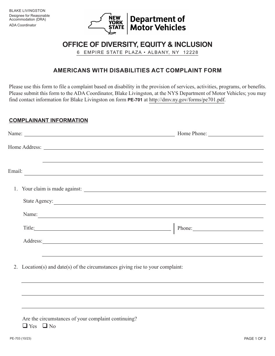Form PE-703 Americans With Disabilities Act Complaint Form - New York, Page 1