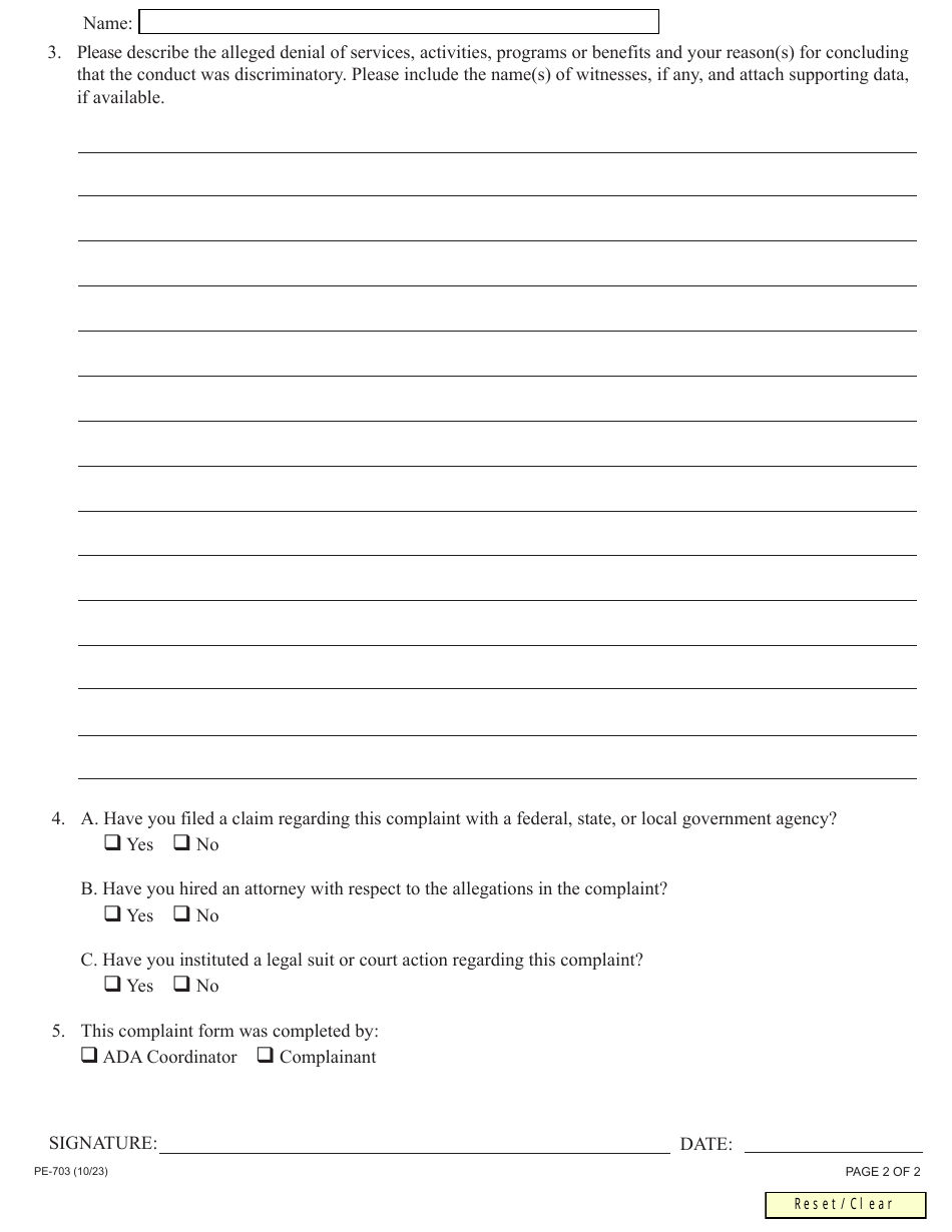 Form PE-703 Americans With Disabilities Act Complaint Form - New York, Page 2