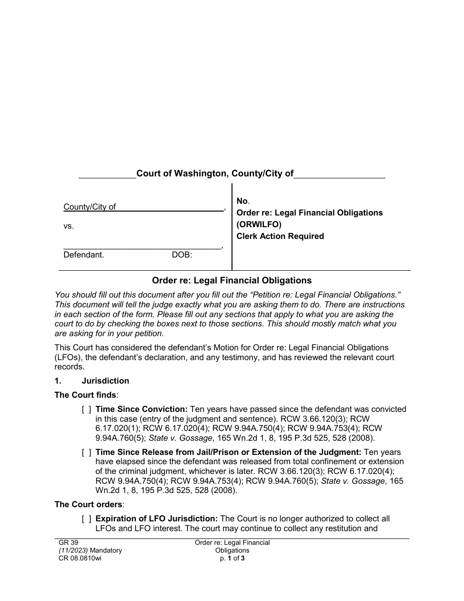 Form CR08.0810WI Order Re: Legal Financial Obligations - Washington, Page 1