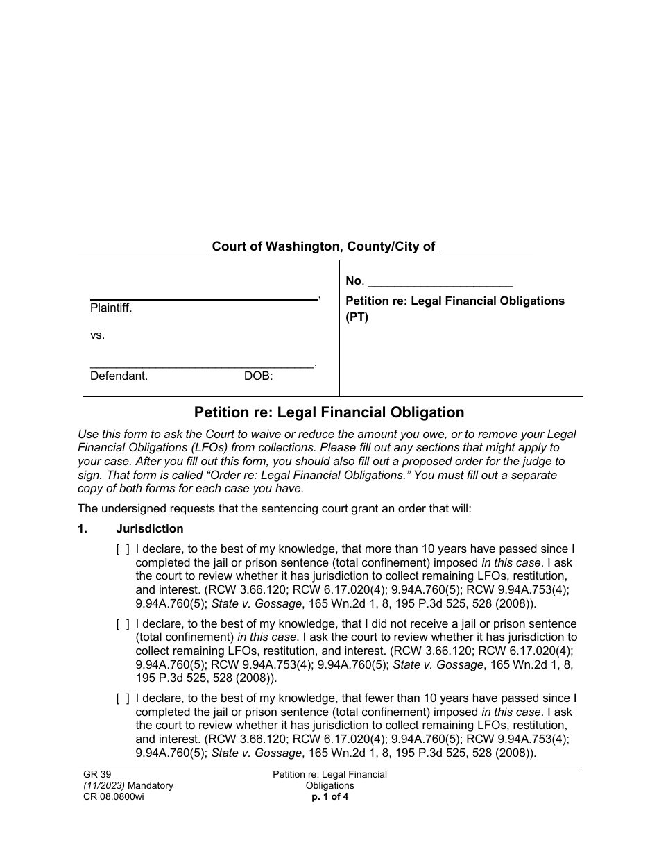 Form CR08.0800WI Petition Re: Legal Financial Obligation - Washington, Page 1