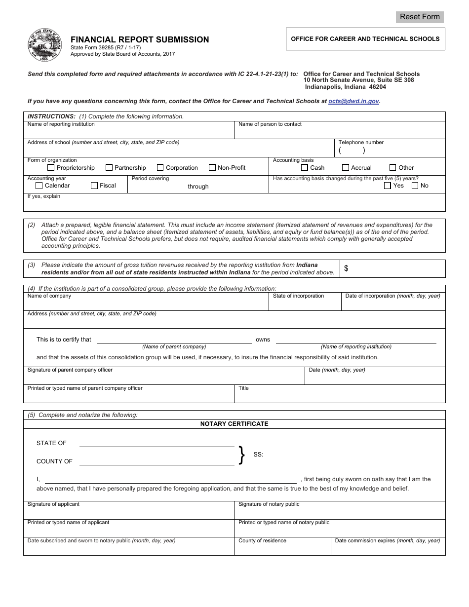 State Form 39285 Financial Report Submission - Indiana, Page 1