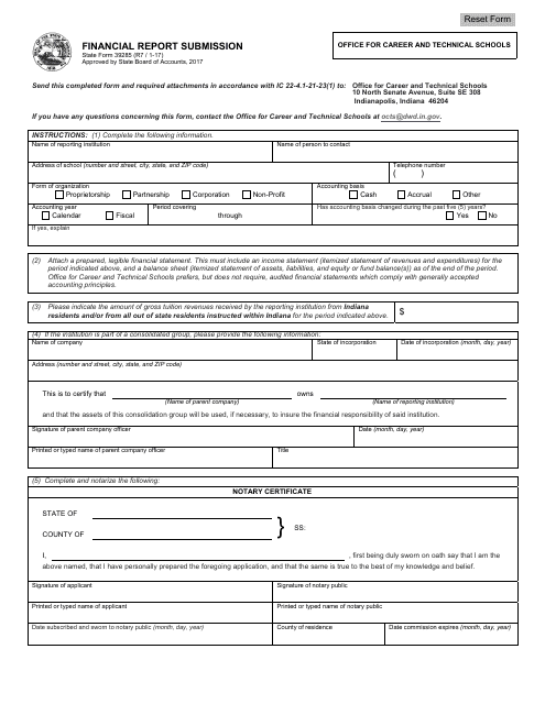 State Form 39285 Financial Report Submission - Indiana
