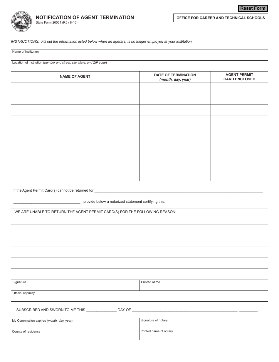 State Form 20561 Notification of Agent Termination - Indiana, Page 1