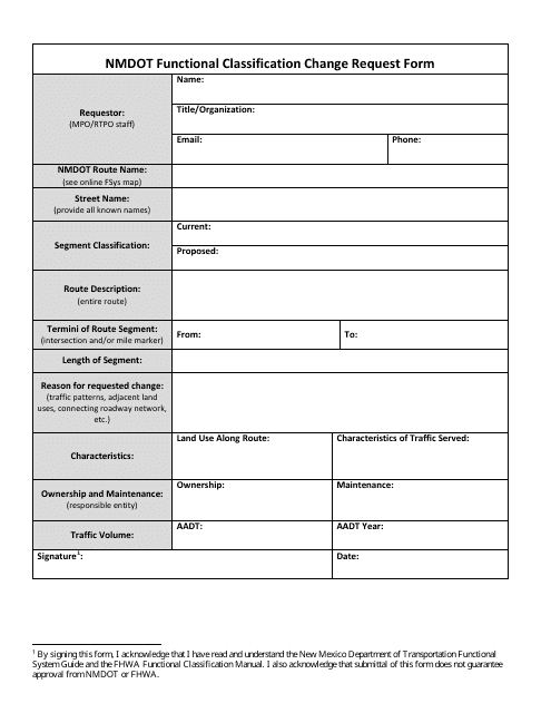 Nmdot Functional Classification Change Request Form - New Mexico Download Pdf