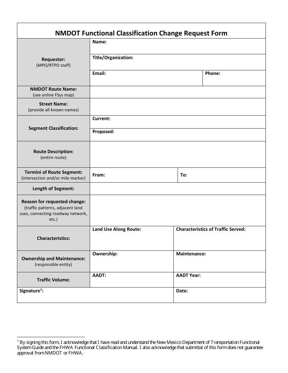 Nmdot Functional Classification Change Request Form - New Mexico, Page 1