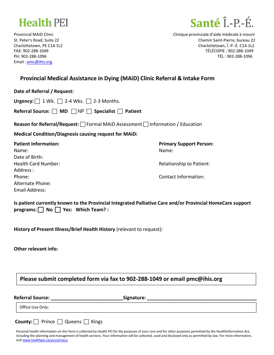 Provincial Medical Assistance in Dying (Maid) Clinic Referral  Intake Form - Prince Edward Island, Canada, Page 1