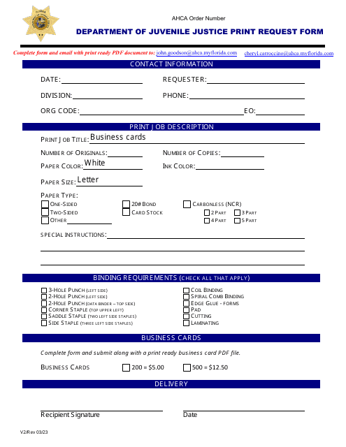 Business Card Print Request Form - Florida