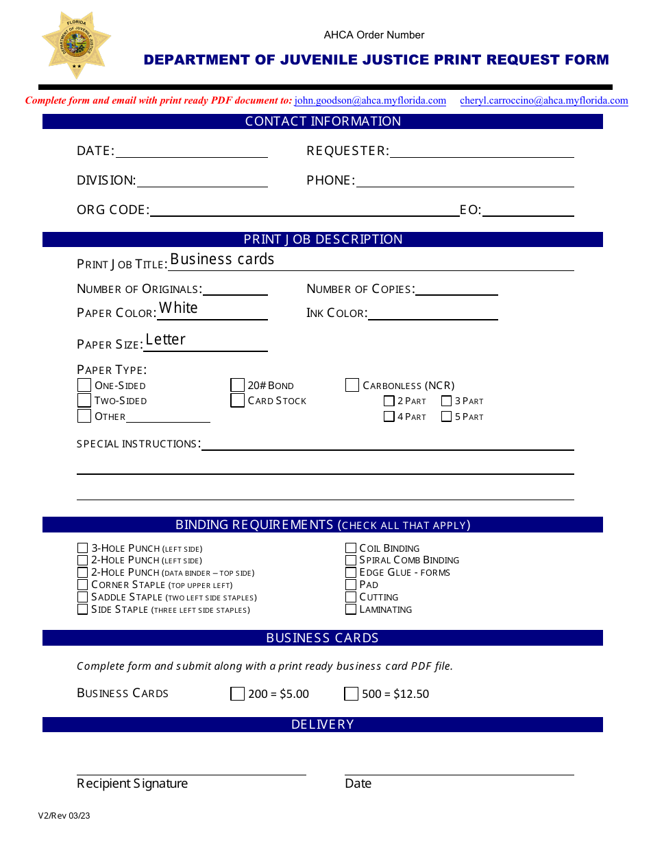 Business Card Print Request Form - Florida, Page 1