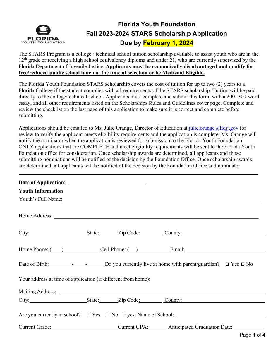 Florida Youth Foundation Stars Scholarship Application - Florida, Page 1