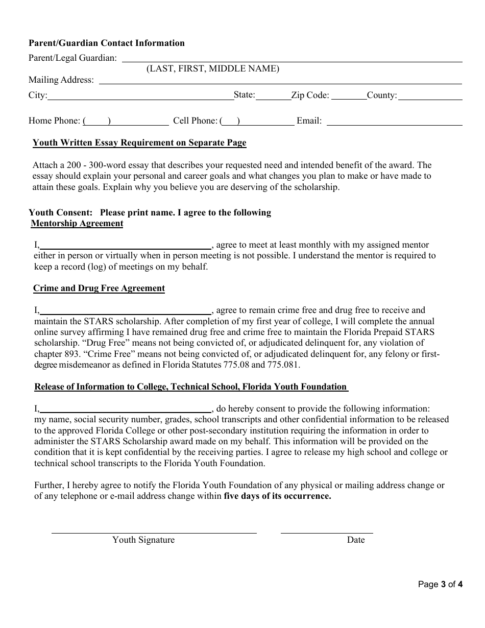 Florida Youth Foundation Stars Scholarship Application - Florida, Page 3