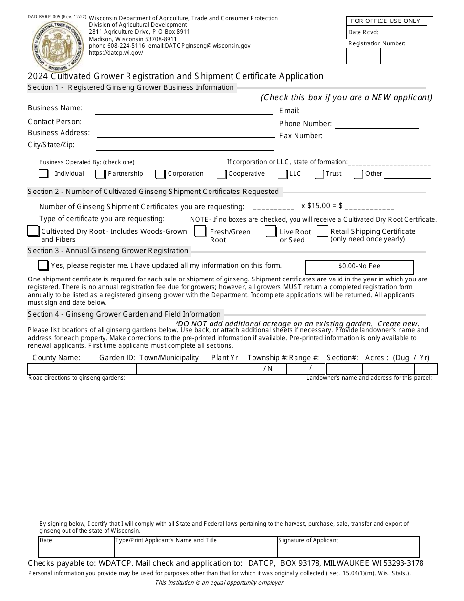 Form DAD-BARP-005 Cultivated Grower Registration and Shipment Certificate Application - Wisconsin, Page 1