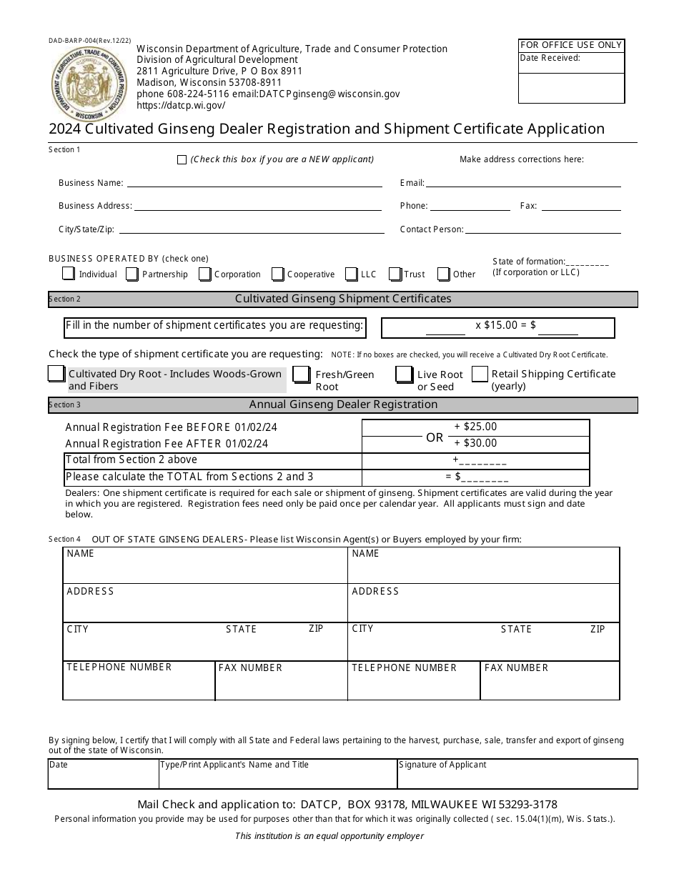 Form Dad Barp 004 Download Printable Pdf Or Fill Online Cultivated Ginseng Dealer Registration