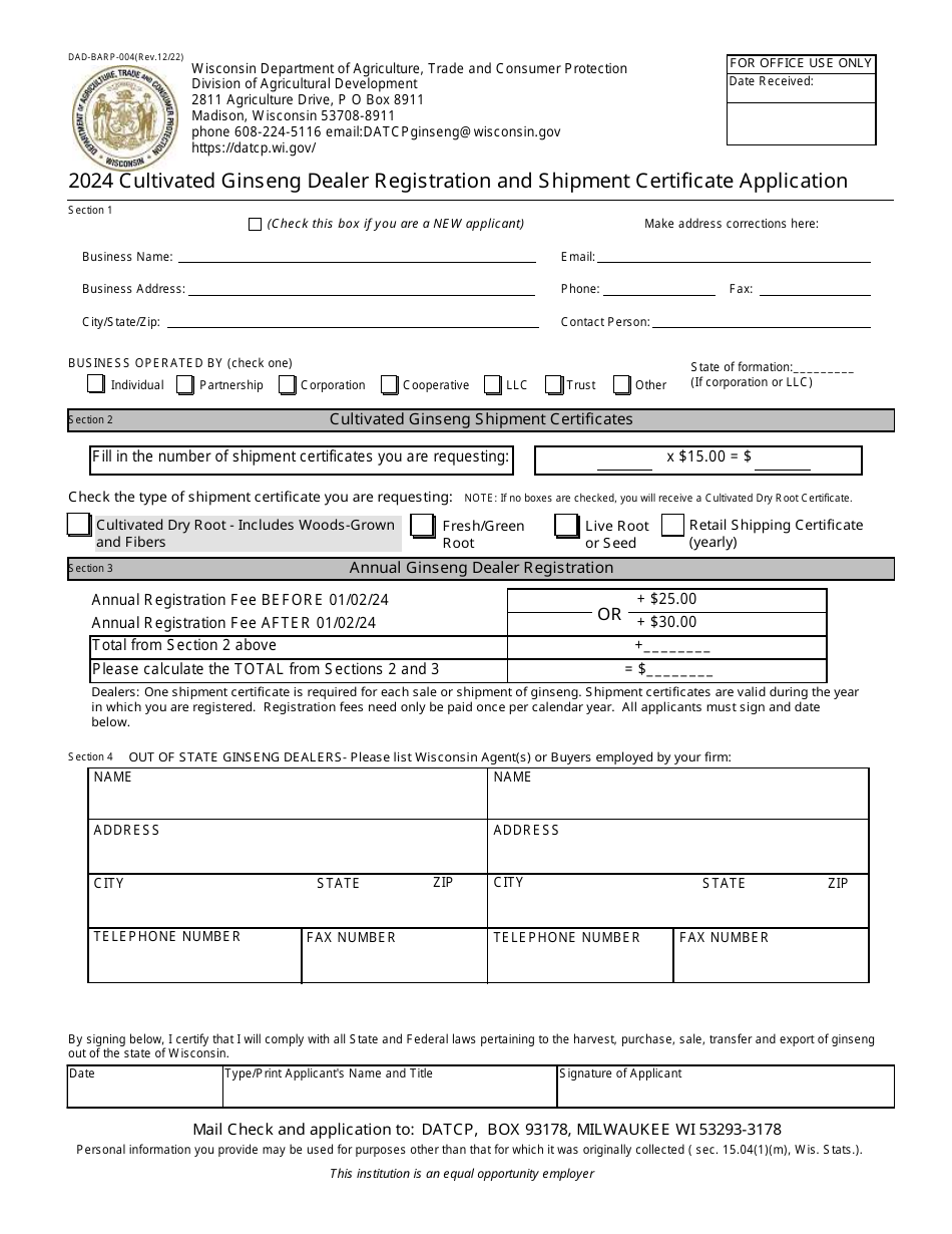 Form DAD-BARP-004 Cultivated Ginseng Dealer Registration and Shipment Certificate Application - Wisconsin, Page 1