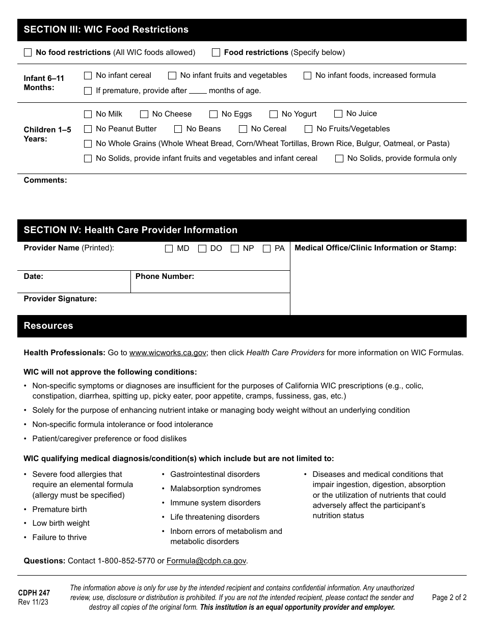 Form CDPH247 Medical Formula and Nutritionals Request Form - California, Page 2
