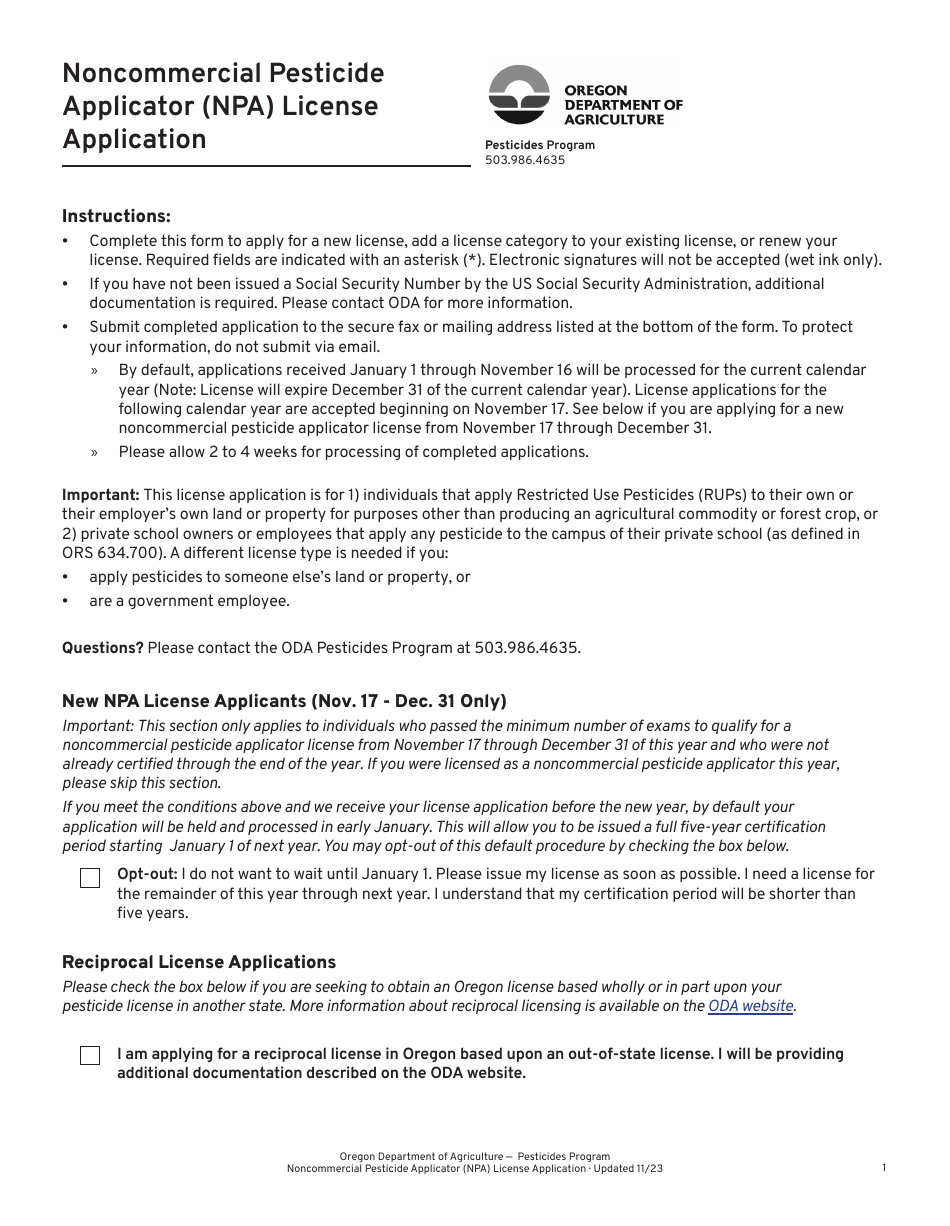 Oregon Noncommercial Pesticide Applicator (Npa) License Application ...