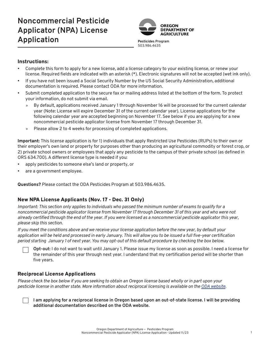 Noncommercial Pesticide Applicator (Npa) License Application - Oregon, Page 1