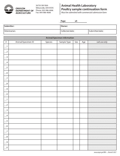 Animal Health Laboratory Poultry Sample Continuation Form - Oregon Download Pdf