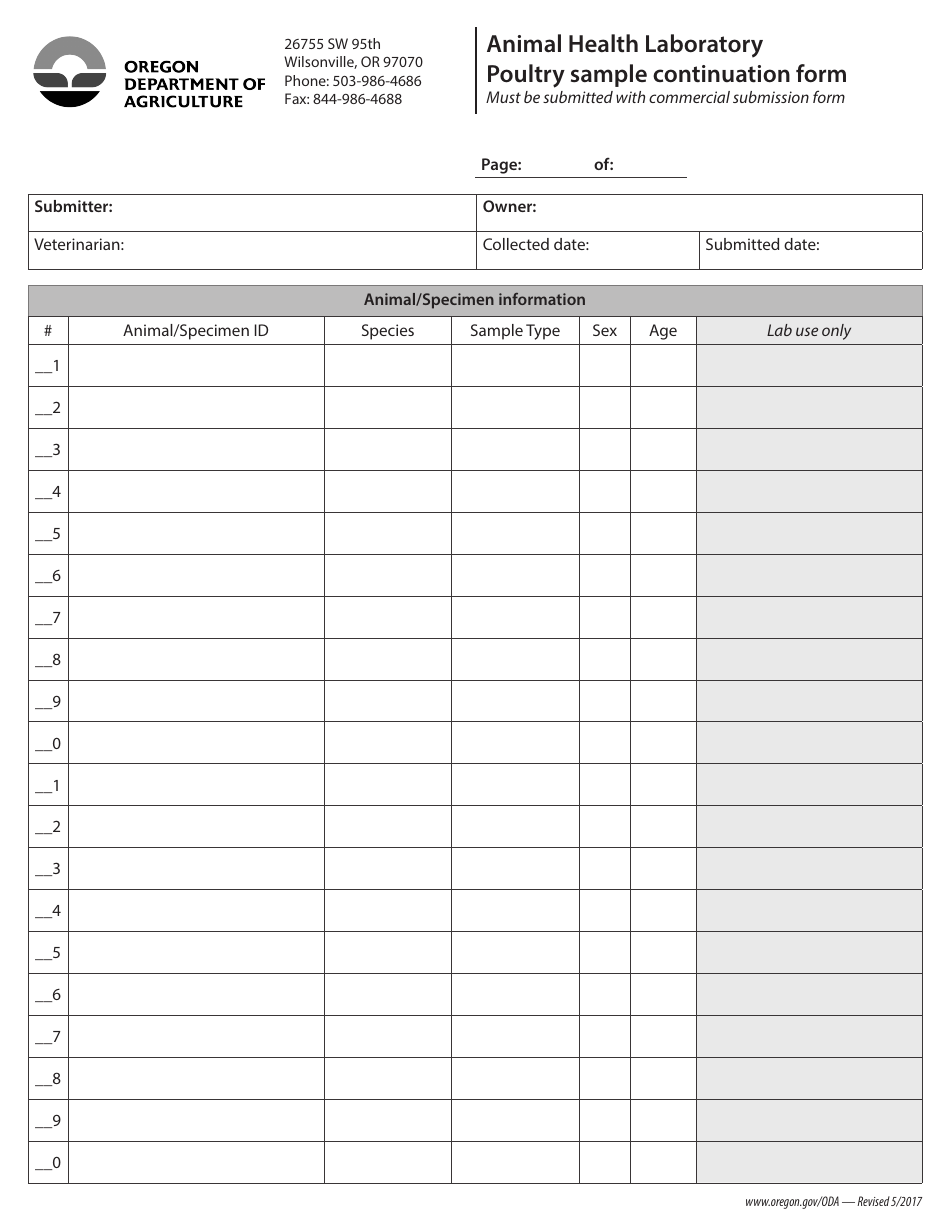 Animal Health Laboratory Poultry Sample Continuation Form - Oregon, Page 1