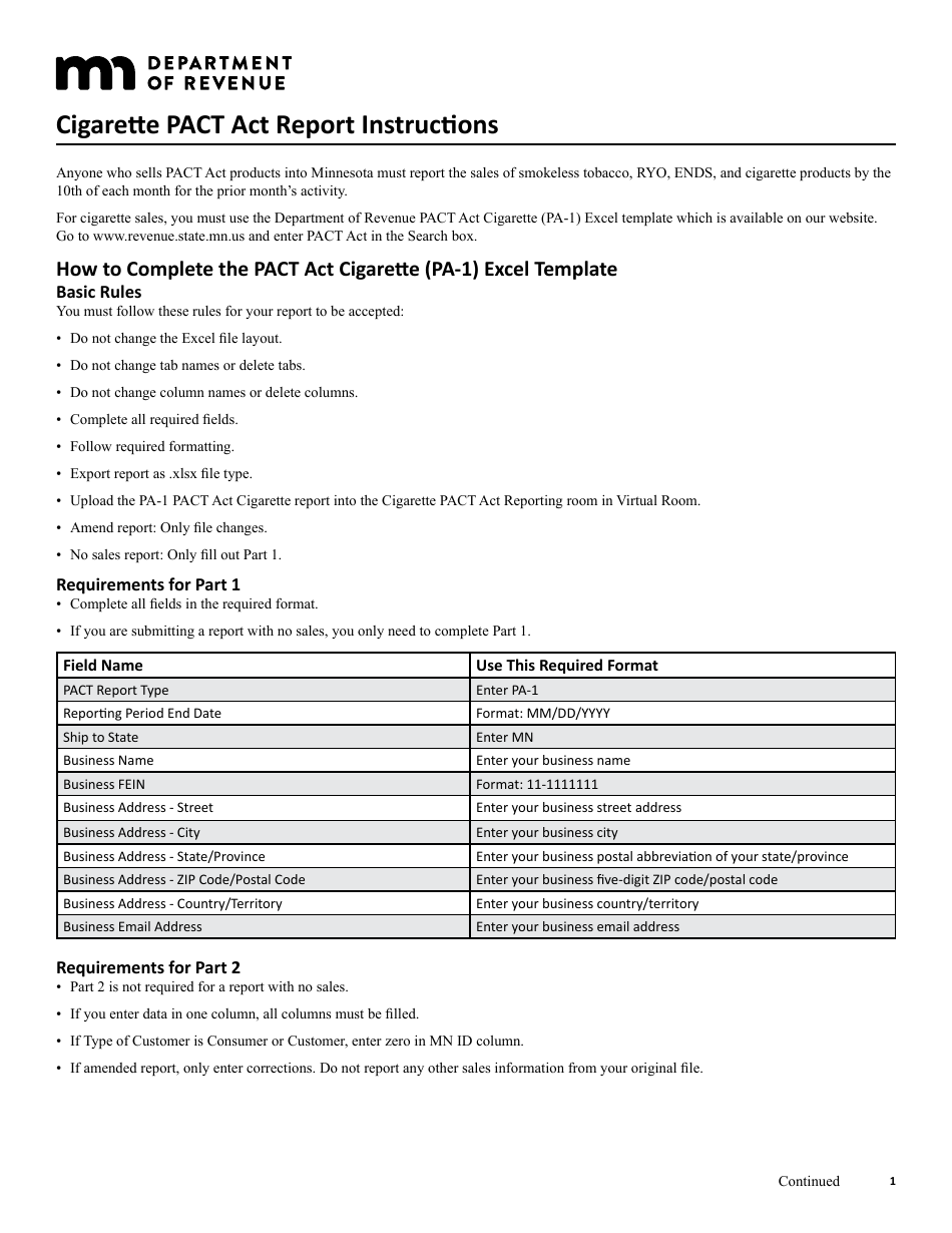 Instructions for Form PA-1 Cigarette Pact Act Report - Minnesota, Page 1