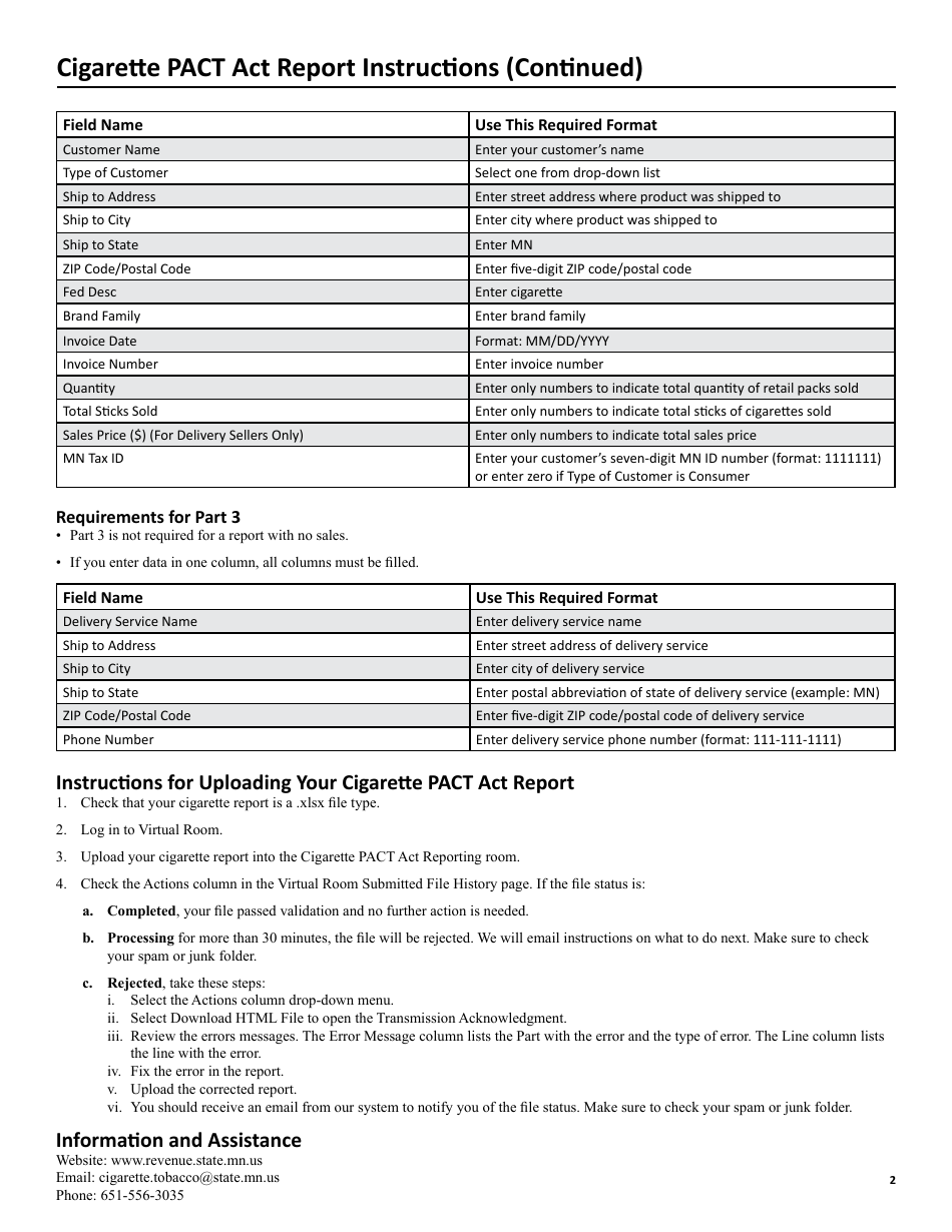 Instructions for Form PA-1 Cigarette Pact Act Report - Minnesota, Page 2