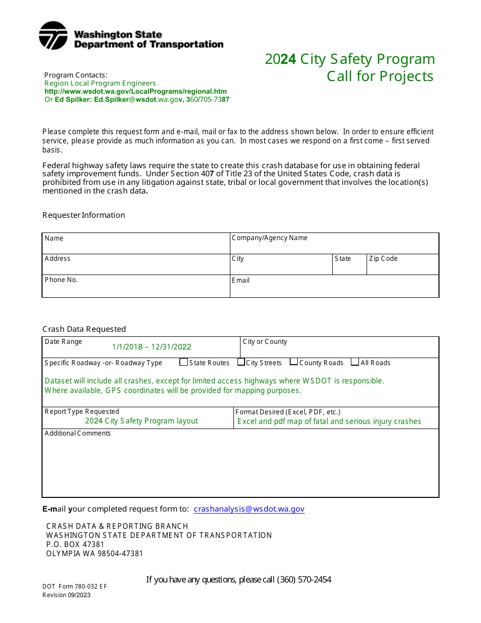 DOT Form 780-032 EF Call for Projects - City Safety Program - Washington, Page 1