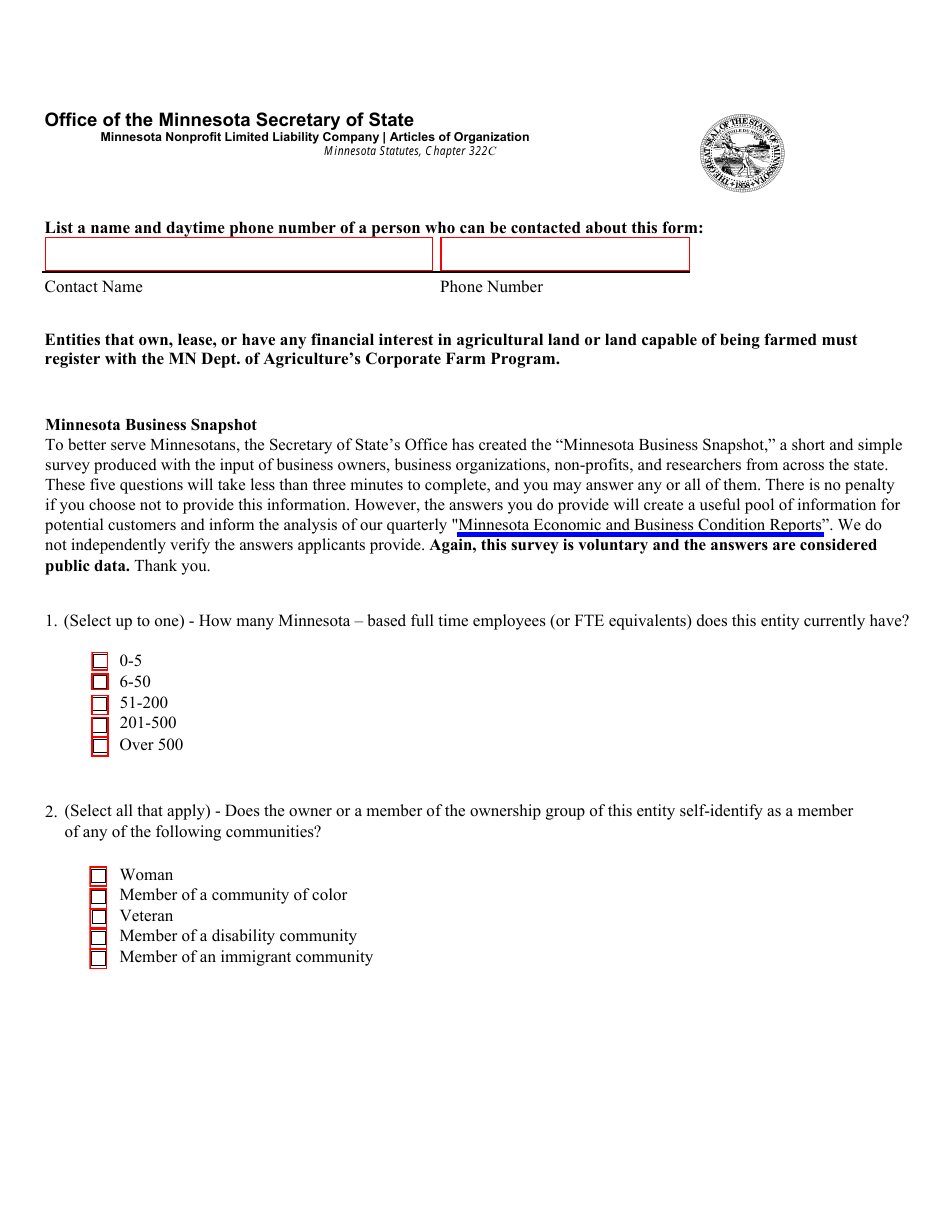 Minnesota Nonprofit Limited Liability Company Articles of Organization - Minnesota, Page 2