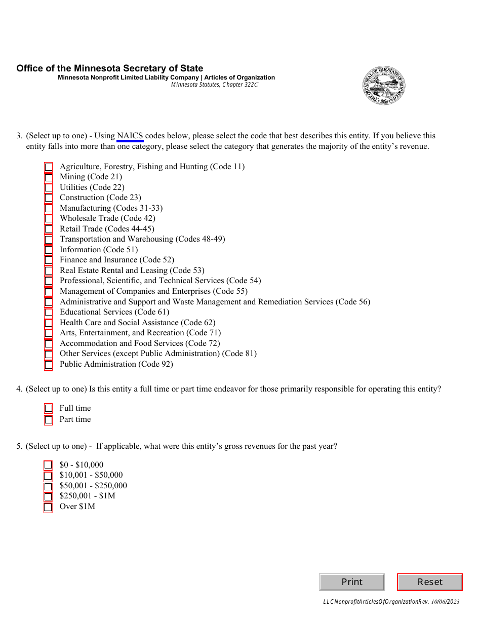 Minnesota Nonprofit Limited Liability Company Articles of Organization - Minnesota, Page 3