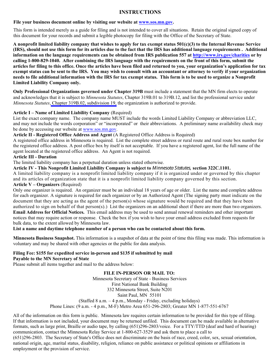 Minnesota Nonprofit Limited Liability Company Articles of Organization - Minnesota, Page 4