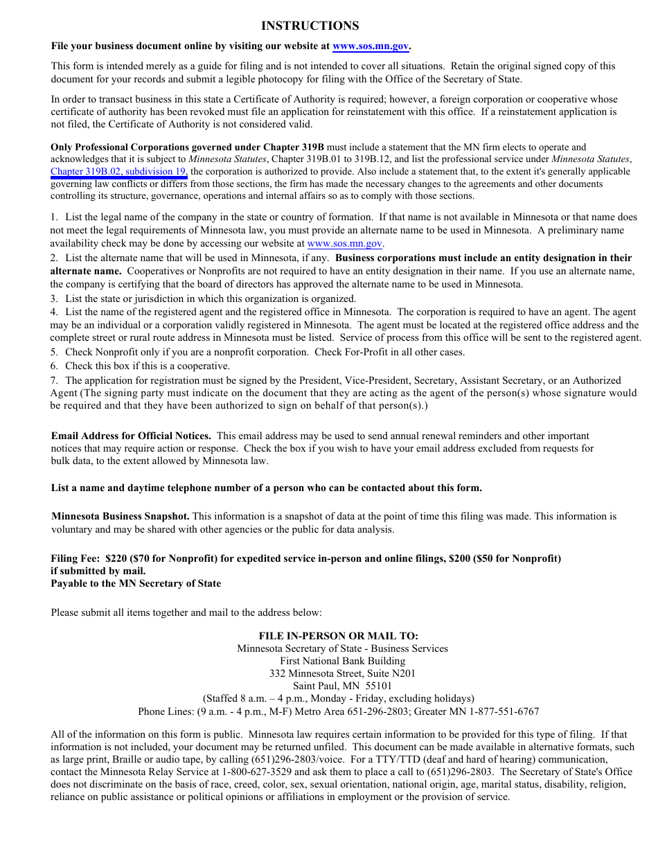 Foreign Corporation or Cooperative Certificate of Authority to Transact Business in Minnesota - Minnesota, Page 4