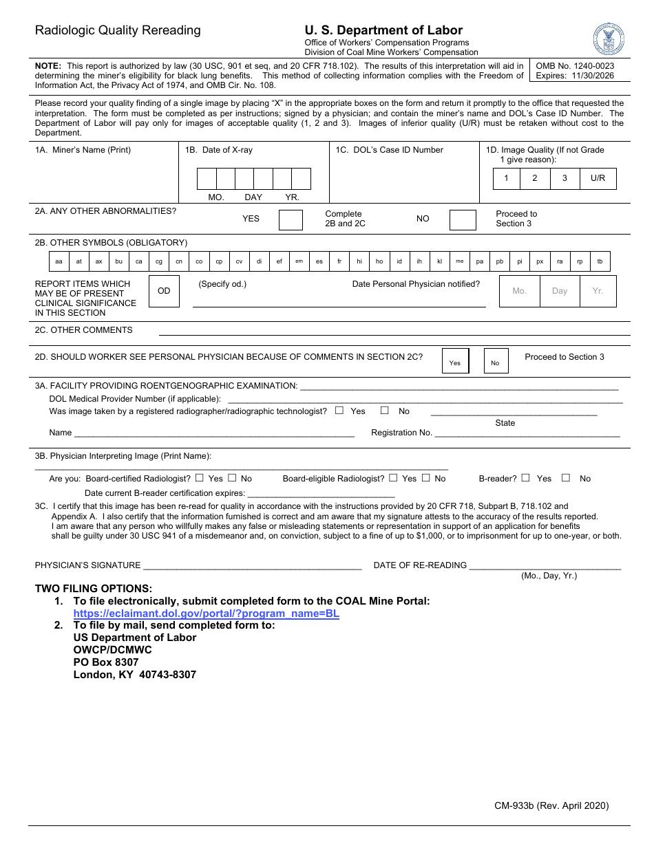 Form CM-933B Radiologic Quality Rereading, Page 1