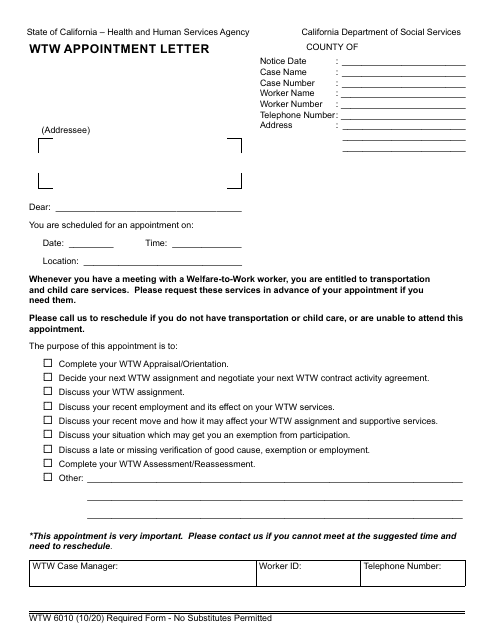 Form WTW6010 Wtw Appointment Letter - California